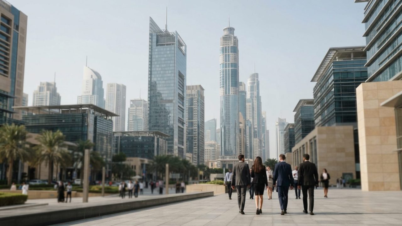 Illustration: Financial district skyline of Dubai with modern glass towers reflecting midday sunlight, conveying international banking and capital mar