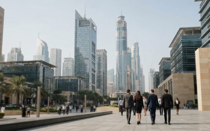 Illustration: Financial district skyline of Dubai with modern glass towers reflecting midday sunlight, conveying international banking and capital mar