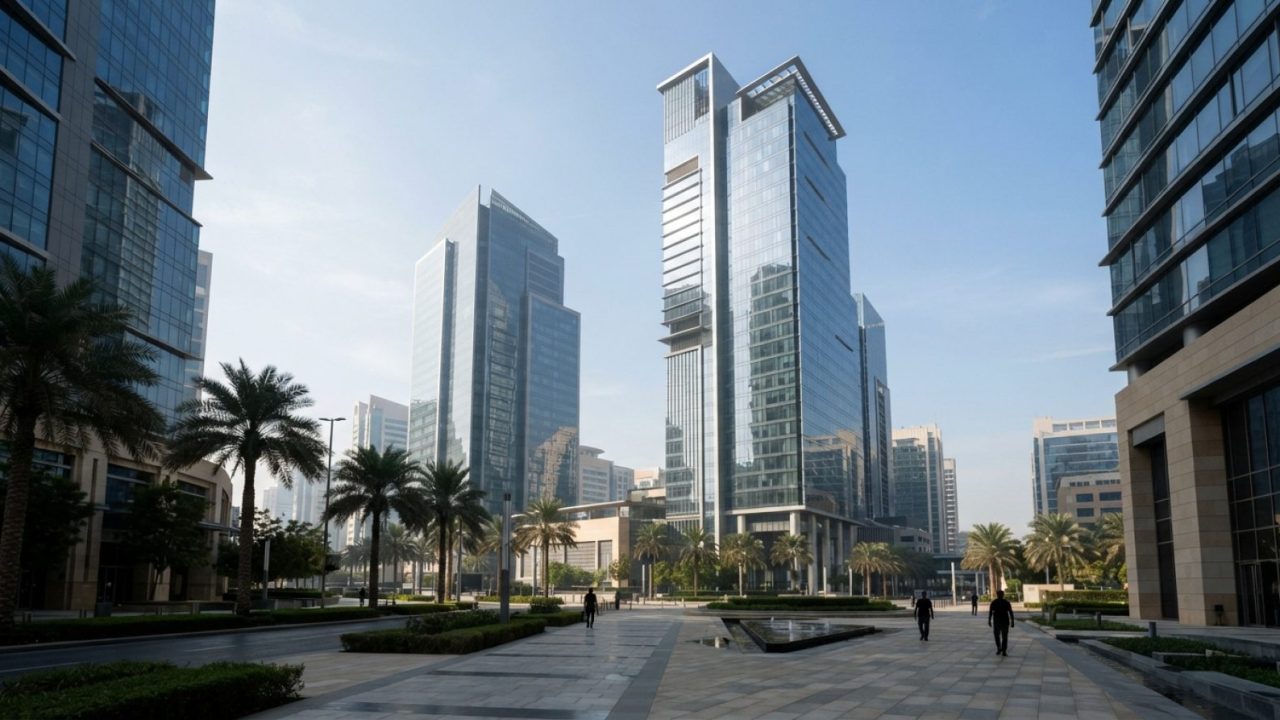 Illustration: Exterior view of modern commercial banking high-rise towers in Dubai's financial district, sleek glass curtain walls reflecting morning