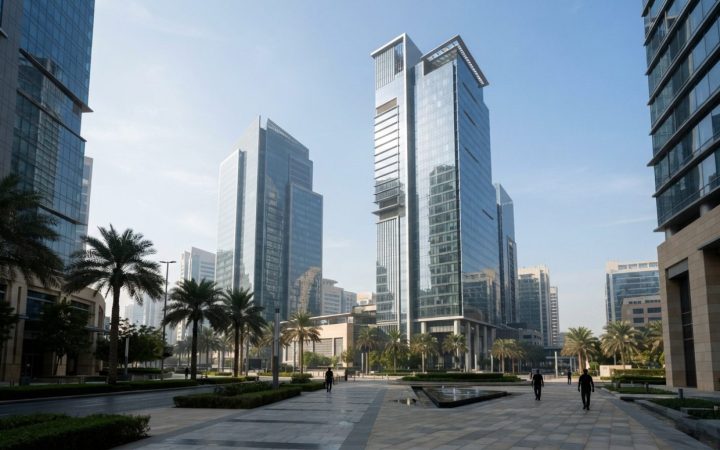 Illustration: Exterior view of modern commercial banking high-rise towers in Dubai's financial district, sleek glass curtain walls reflecting morning