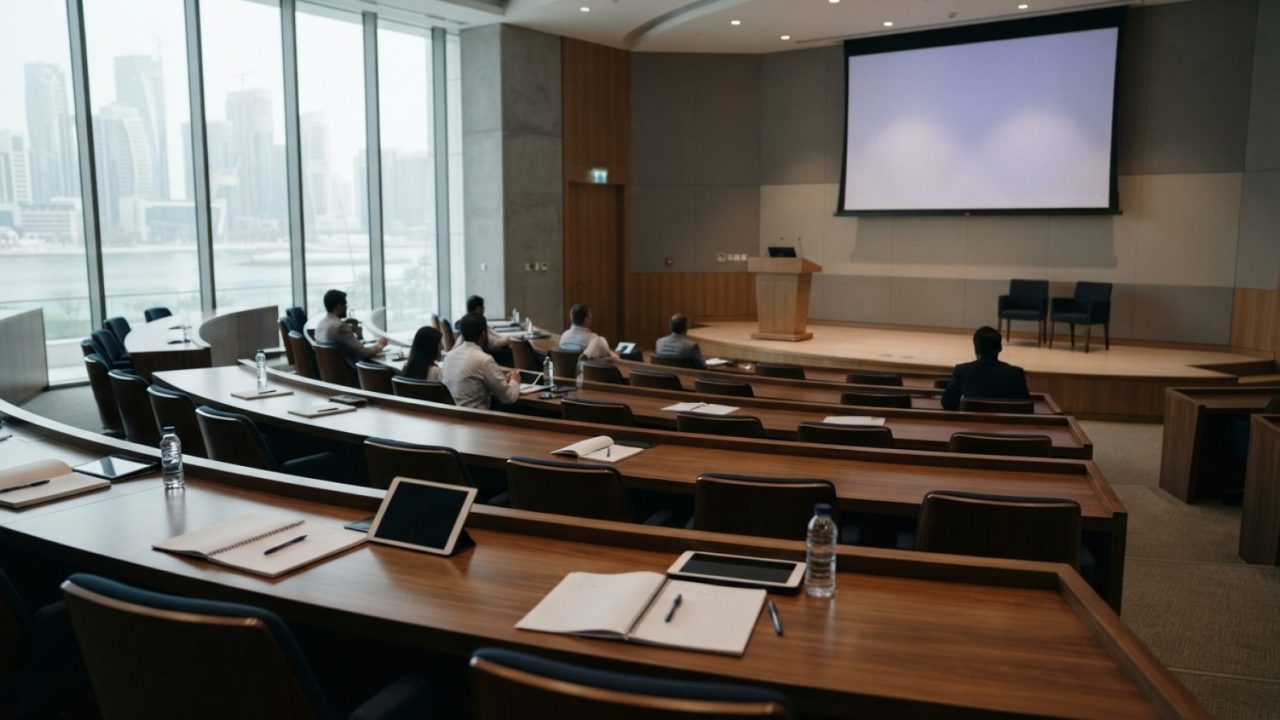 Illustration: A modern executive lecture theatre in a university business school, rows of polished curved desks with open notebooks and digital tablet