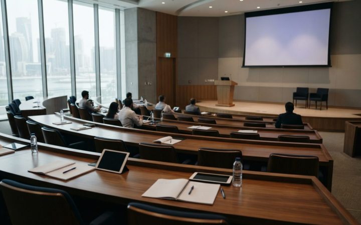 Illustration: A modern executive lecture theatre in a university business school, rows of polished curved desks with open notebooks and digital tablet