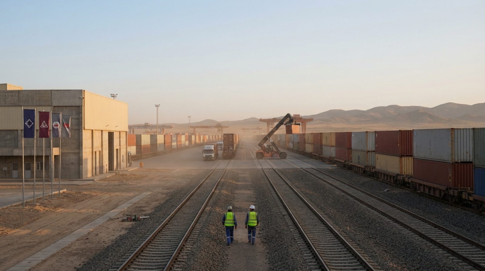 Illustration: A modern intermodal freight railway terminal in an arid Eurasian border region, showing rows of shipping containers and rail tracks unde