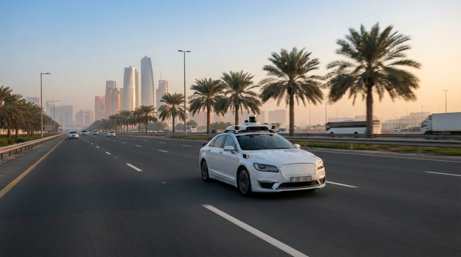 Illustration: A modern autonomous white electric sedan equipped with rooftop LiDAR sensors and cameras driving on a multi-lane urban highway lined wit