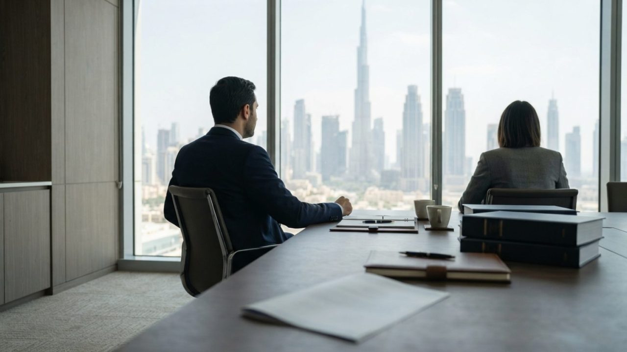 Illustration: A high-end private wealth advisory office in Dubai overlooking the city skyline through floor-to-ceiling windows, featuring a sleek conf