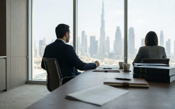 صورة توضيحية: مكتب استشارات ثروات خاصة فاخر في دبي يطل على أفق المدينة من خلال نوافذ ممتدة من الأرض إلى السقف، ويضم قاعة اجتماعات أنيقة