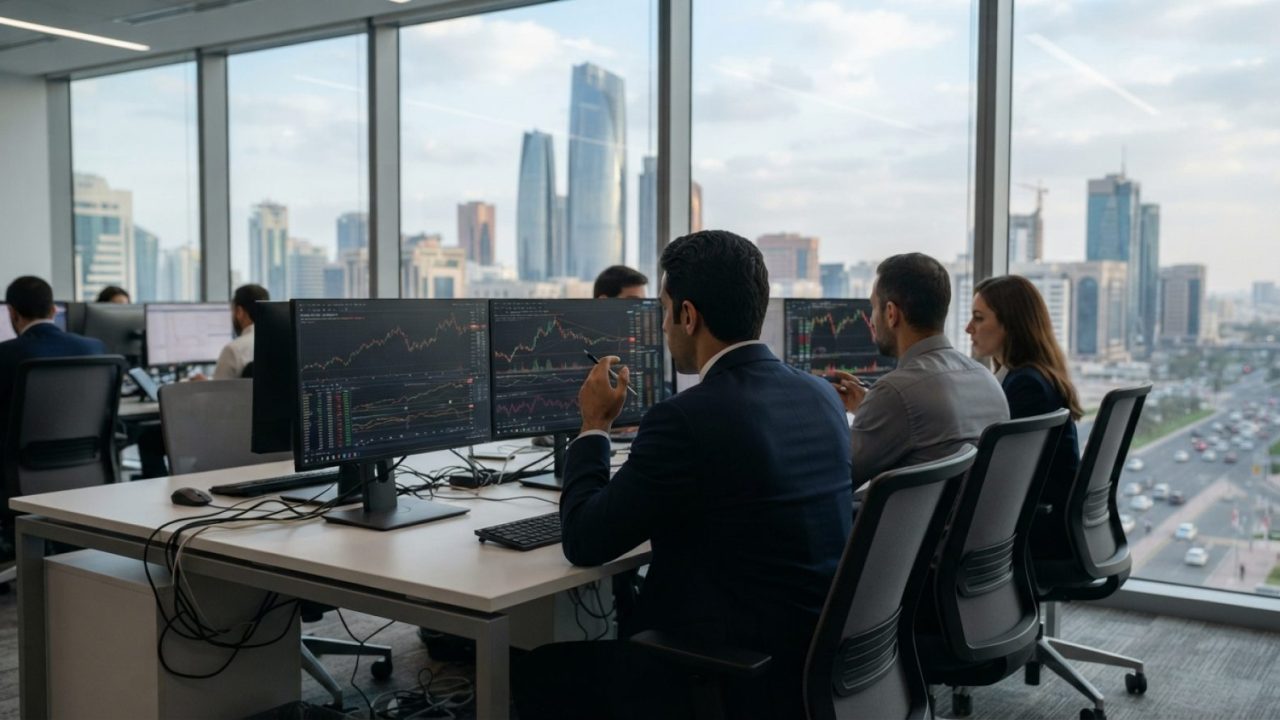 Illustration: A modern corporate office interior in the United Arab Emirates with financial analysts reviewing data charts and algorithmic models on c