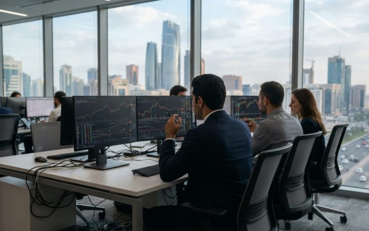 Illustration: A modern corporate office interior in the United Arab Emirates with financial analysts reviewing data charts and algorithmic models on c