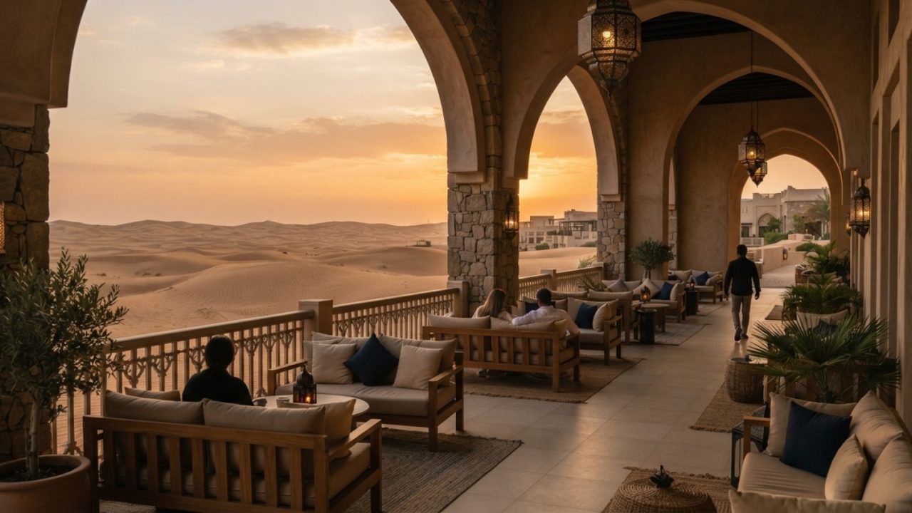 Illustration: A modern luxury desert resort terrace in Abu Dhabi at sunset, featuring traditional Middle Eastern architectural arches, comfortable low