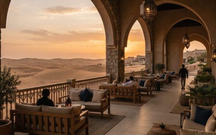 Illustration: A modern luxury desert resort terrace in Abu Dhabi at sunset, featuring traditional Middle Eastern architectural arches, comfortable low
