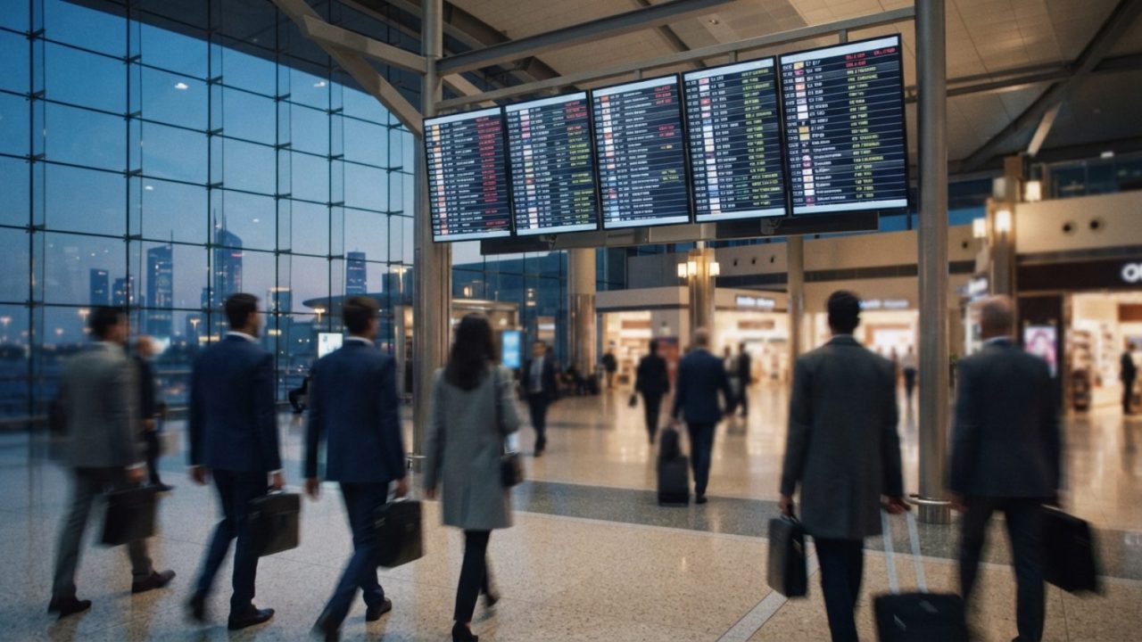 Illustration: Editorial photograph showing modern airport departure and arrival status monitors displaying route changes, inside an expansive internat