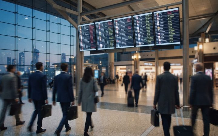 Illustration: Editorial photograph showing modern airport departure and arrival status monitors displaying route changes, inside an expansive internat