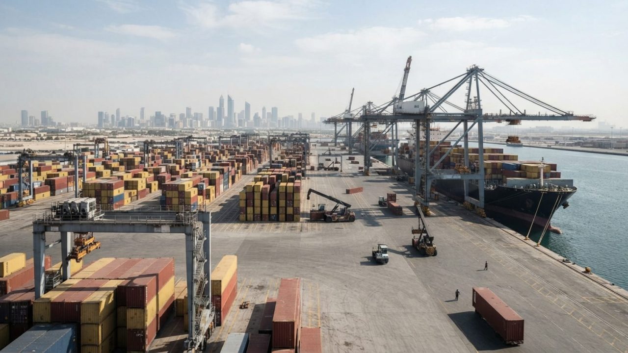 Illustration: A busy commercial container port terminal showing shipping containers, freight cranes, and cargo logistics operations under bright dayli