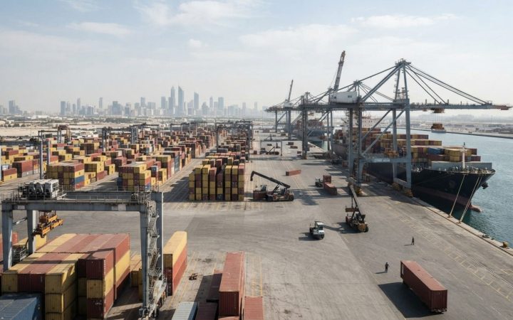 رسم توضيحي: محطة ميناء حاويات تجاري تعج بالحركة تُظهر حاويات الشحن، ورافعات نقل البضائع، وعمليات لوجستيات البضائع تحت ضوء النهار الساطع