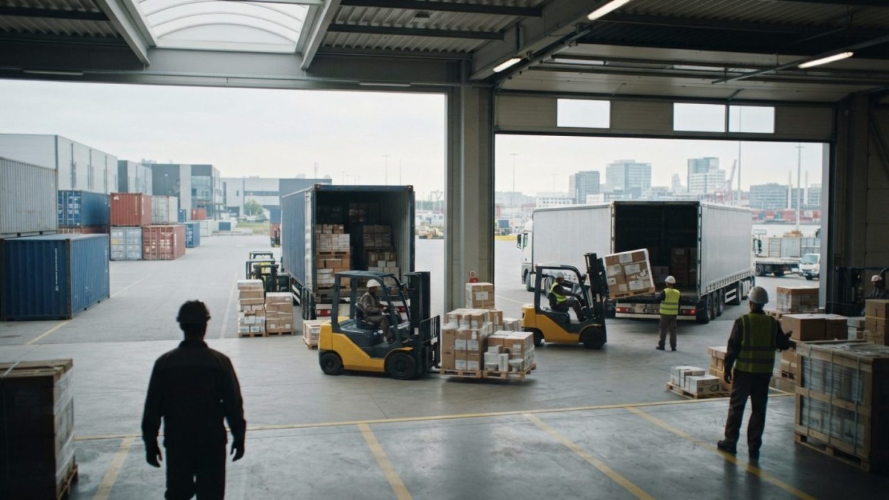 Illustration: A modern logistics warehouse and container loading dock with shipping containers and forklifts handling boxed sanitaryware and building