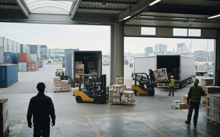 Illustration: A modern logistics warehouse and container loading dock with shipping containers and forklifts handling boxed sanitaryware and building