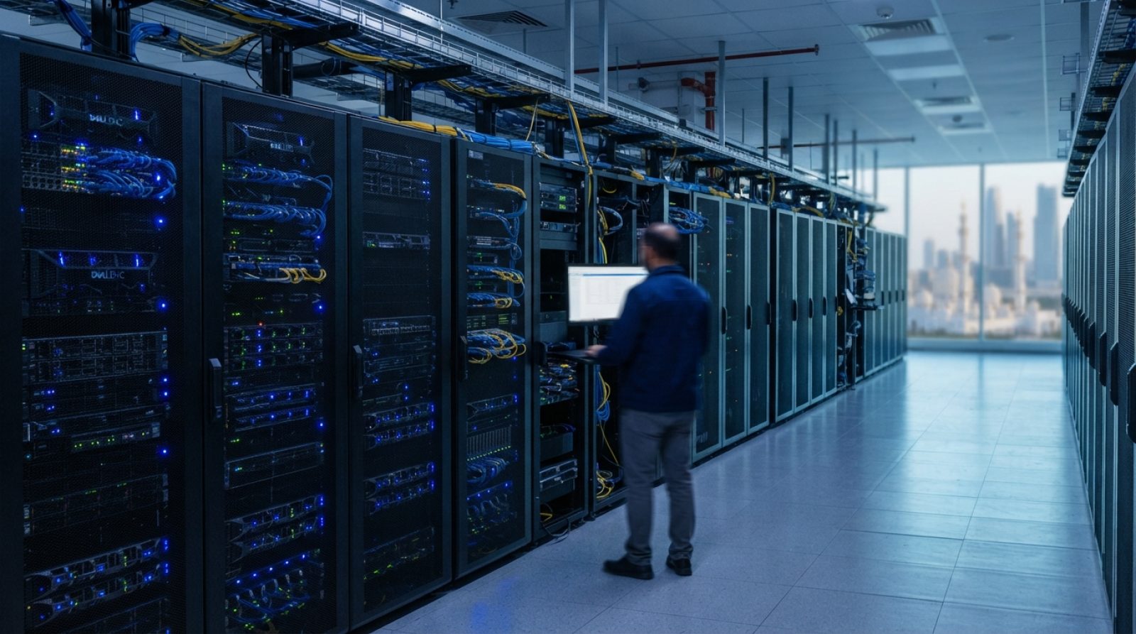 Illustration: Editorial photograph of modern high-tech enterprise server racks and data centre infrastructure illuminated with cool blue LED lighting