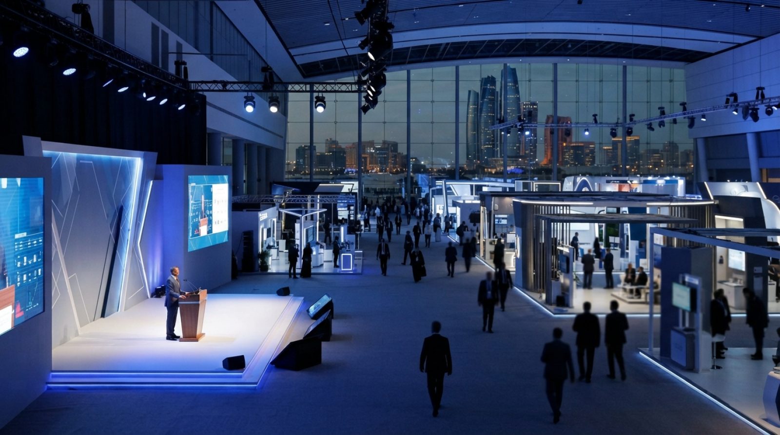 Illustration: A wide-angle editorial photograph of a modern high-technology conference and exhibition hall in Abu Dhabi, featuring illuminated digital