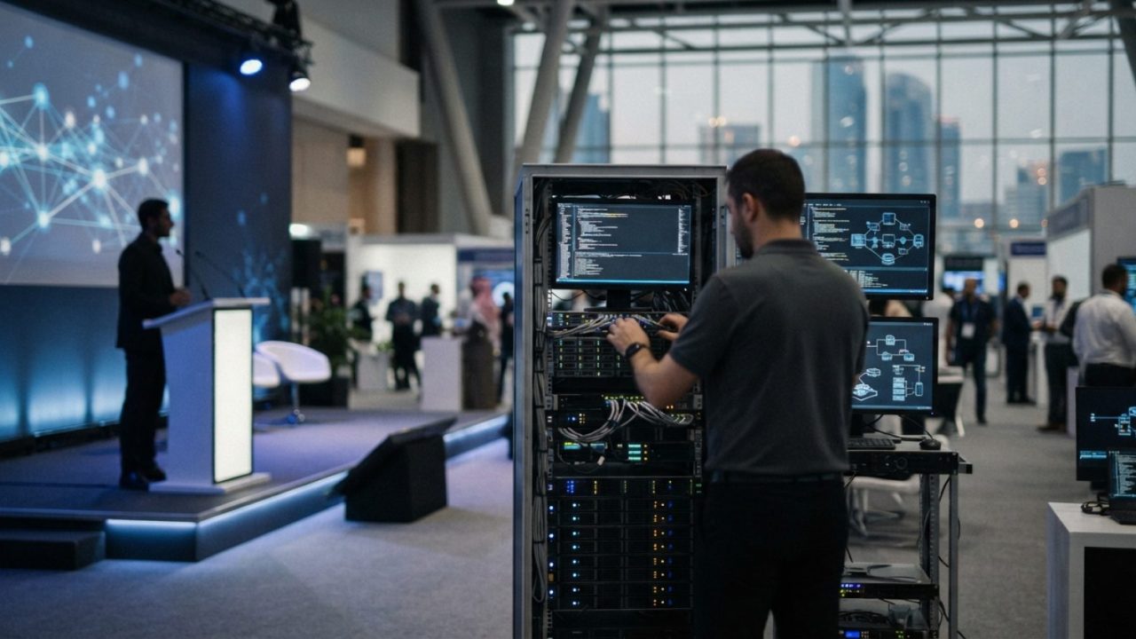 Illustration: Editorial photograph of a modern tech conference stage and high-performance server hardware inside an Abu Dhabi technology center, illum
