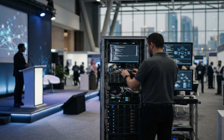 Illustration: Editorial photograph of a modern tech conference stage and high-performance server hardware inside an Abu Dhabi technology center, illum