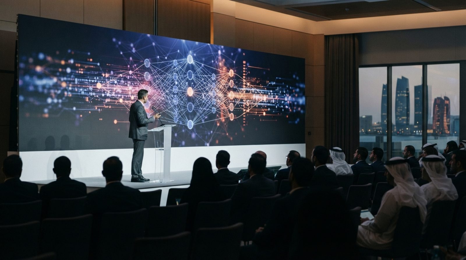 Illustration: A modern technological presentation stage in Abu Dhabi with professional audience silhouettes, displaying complex glowing artificial int