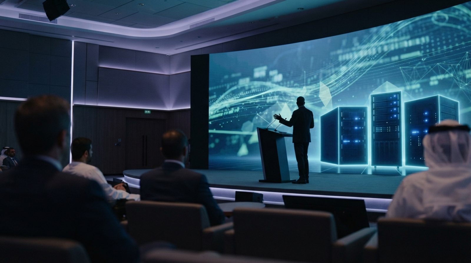 Illustration: Editorial news photo of a modern corporate technology presentation hall in Abu Dhabi, showing sleek presentation displays and server har