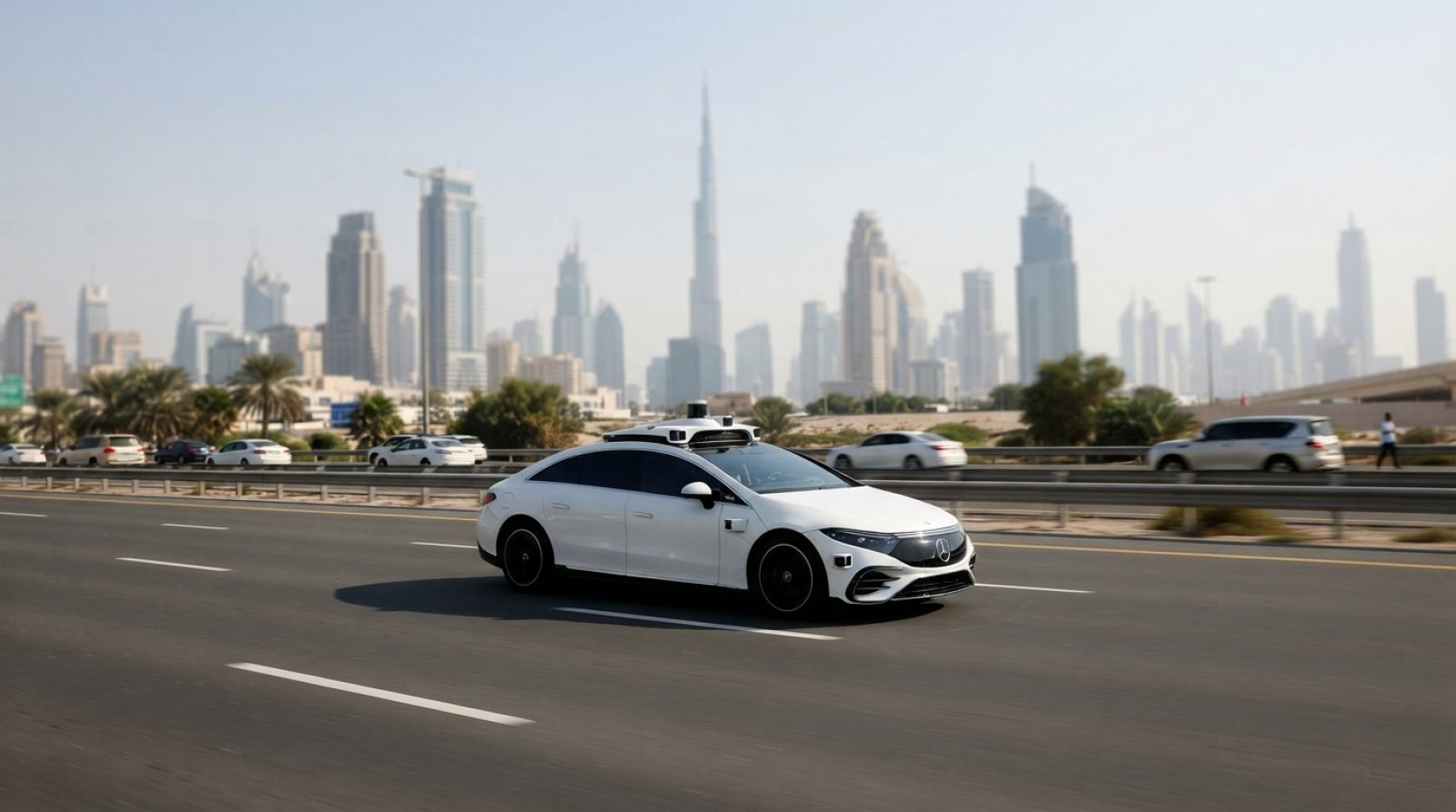 Illustration: A modern white autonomous passenger car equipped with rooftop lidar sensors and side cameras driving smoothly on an open multilane highw