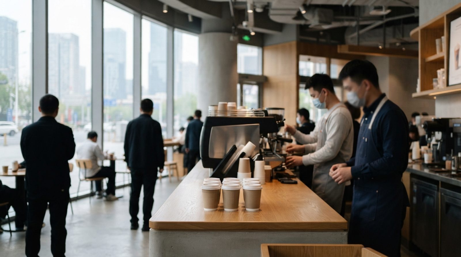 Illustration: Modern coffee shop counter in an urban commercial district in China, featuring automated espresso machinery, takeaway cups on the wooden
