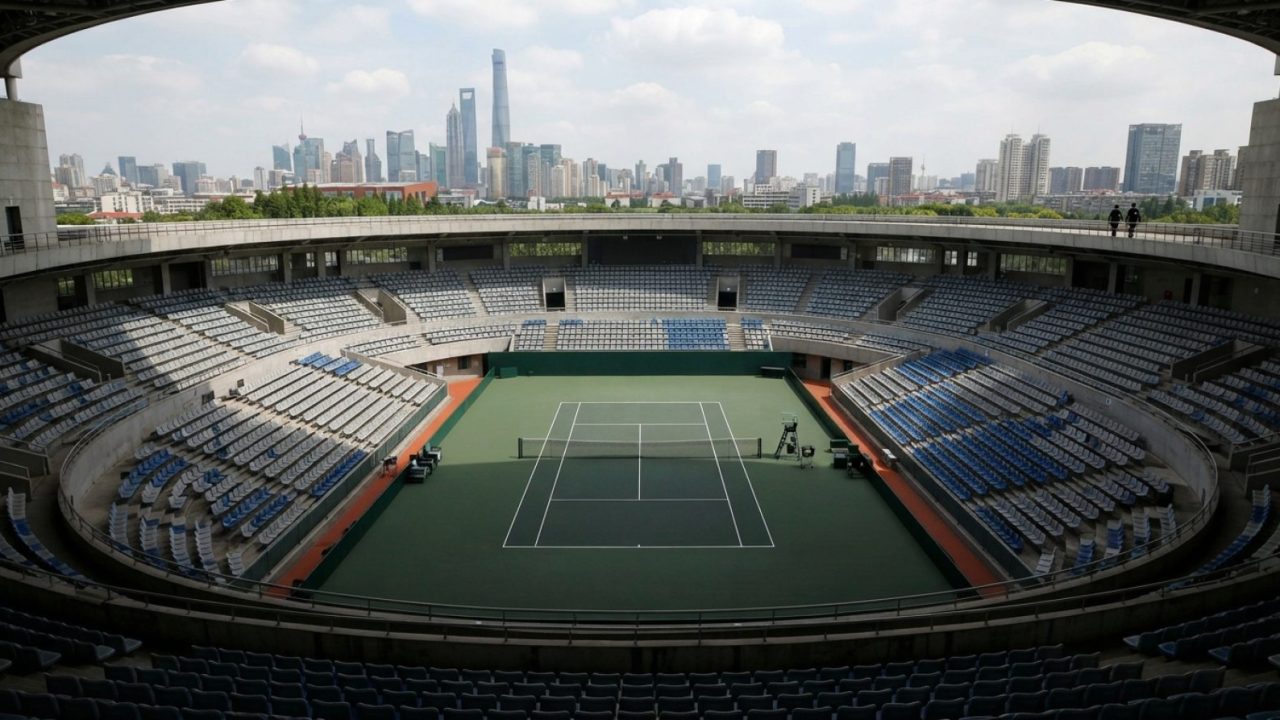 Illustration: A modern outdoor tennis stadium court in Shanghai under bright daylight with empty spectator seating and clean court lines, photographed