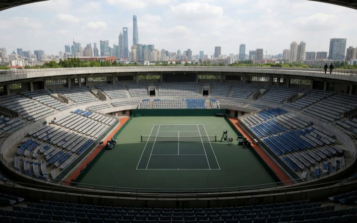 Illustration: A modern outdoor tennis stadium court in Shanghai under bright daylight with empty spectator seating and clean court lines, photographed