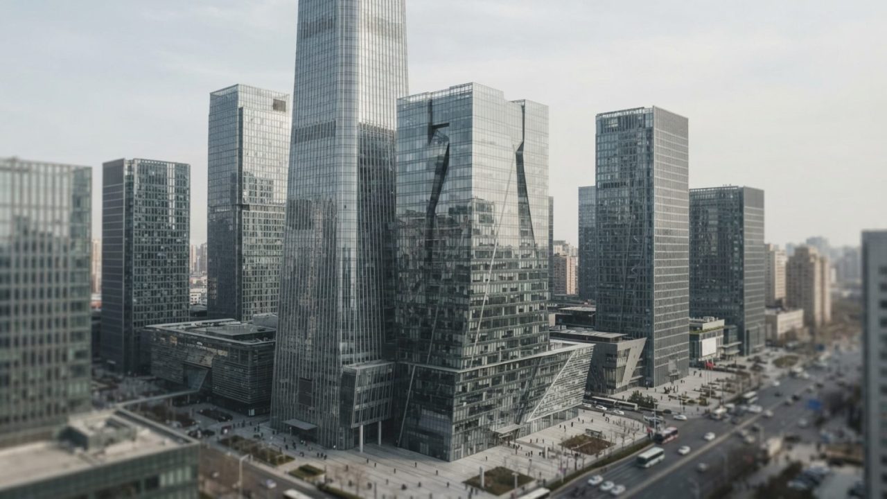 Illustration: A modern corporate office tower in Beijing's Central Business District under clear daytime lighting, showing glass architectural facades