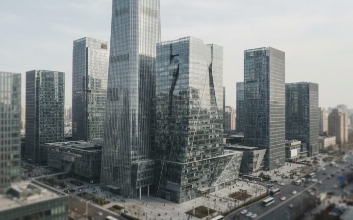 Illustration: A modern corporate office tower in Beijing's Central Business District under clear daytime lighting, showing glass architectural facades