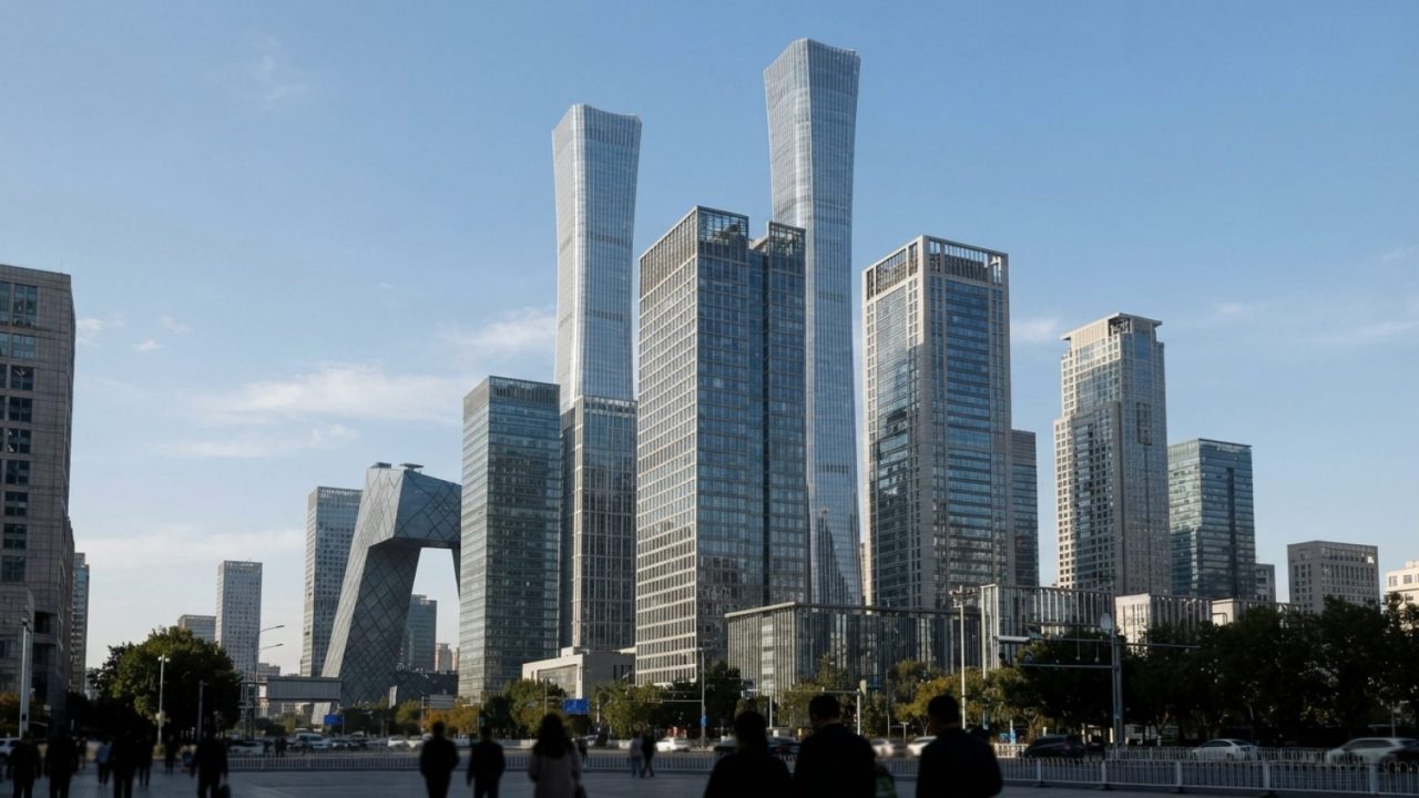 Illustration: Editorial news photograph of modern glass commercial high-rises and financial headquarters in Beijing's Chaoyang central business distri