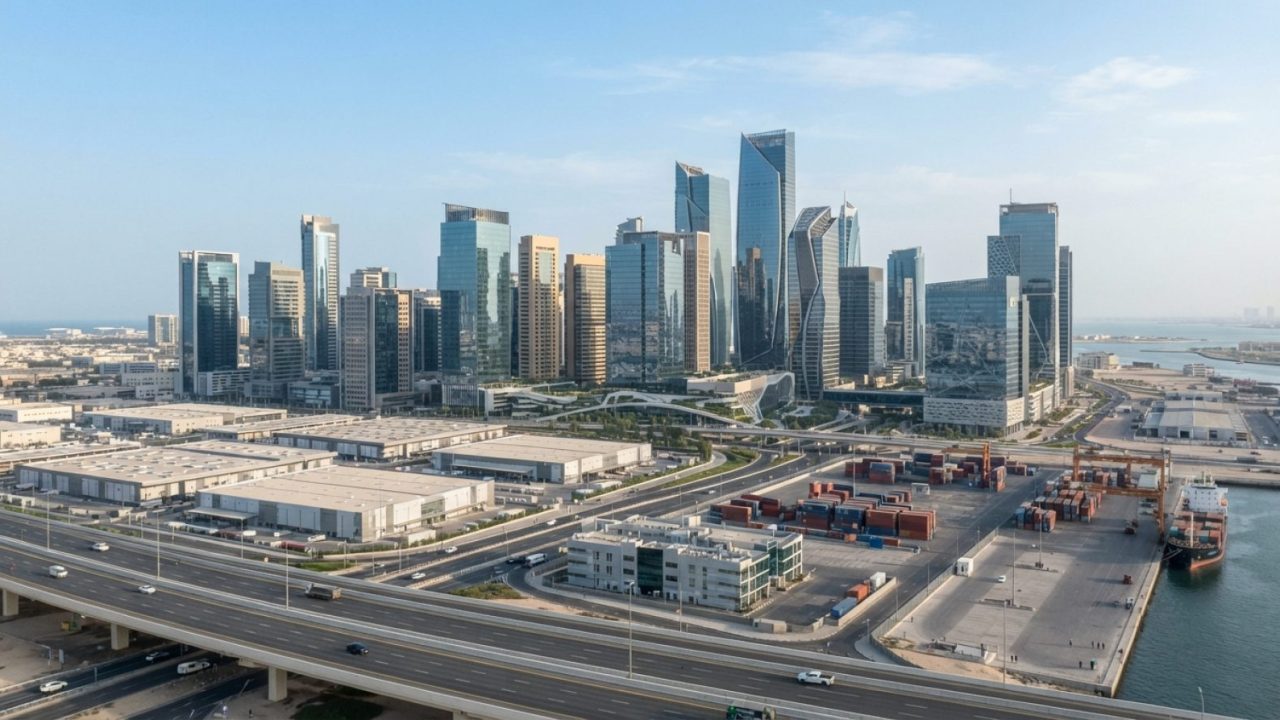 Illustration: High-angle editorial photograph of modern corporate high-rise buildings and contemporary logistics parks under clear daylight in a moder