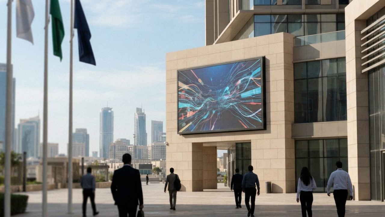 Illustration: Large professional digital commercial display screens operating under bright outdoor sunlight in a modern urban architectural setting in