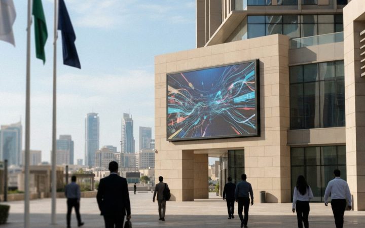 Illustration: Large professional digital commercial display screens operating under bright outdoor sunlight in a modern urban architectural setting in