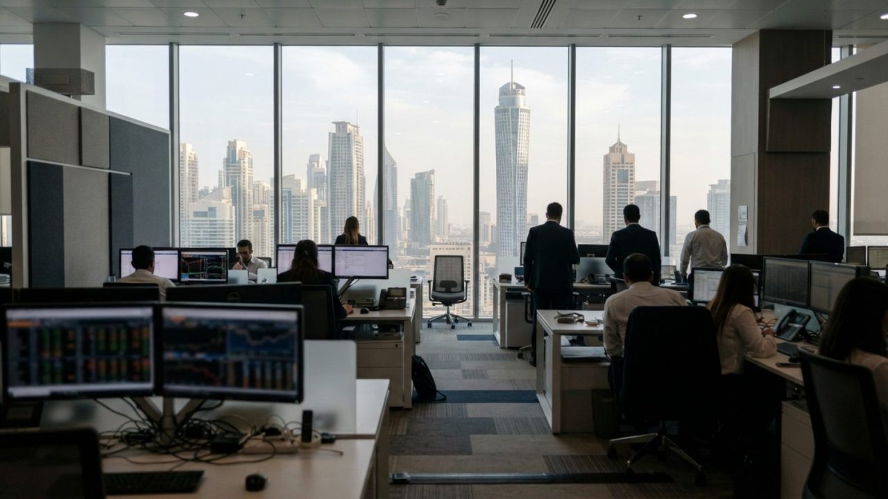 توضيح: تصميم داخلي لمصرف تجاري حديث في دبي يضم مكاتب عمل، ورسوماً بيانية مالية معروضة على شاشات رقمية، ونوافذ ممتدة من الأرض إلى السقف