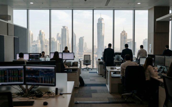 Illustration: A modern commercial banking interior in Dubai with office desks, financial charts displayed on digital screens, and floor-to-ceiling win