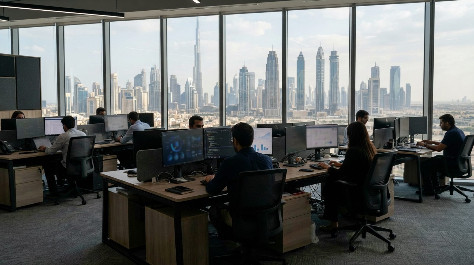 Illustration: Modern high-rise corporate office interior in Dubai with floor-to-ceiling glass windows overlooking the city skyline, software engineers