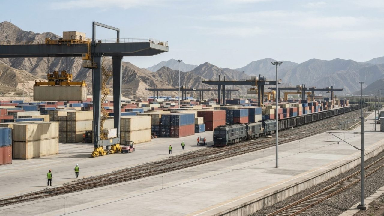 Illustration: An expansive modern freight and logistics terminal in western China with shipping containers and cargo infrastructure under a clear dayl
