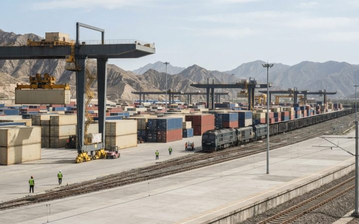 Illustration: An expansive modern freight and logistics terminal in western China with shipping containers and cargo infrastructure under a clear dayl