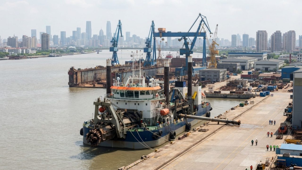 Illustration: A modern heavy-duty cutter suction dredger vessel docked at an industrial shipyard berth along the riverbank in an East Asian shipbuildi