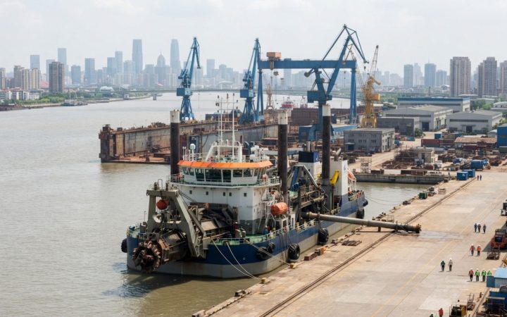 Illustration: A modern heavy-duty cutter suction dredger vessel docked at an industrial shipyard berth along the riverbank in an East Asian shipbuildi