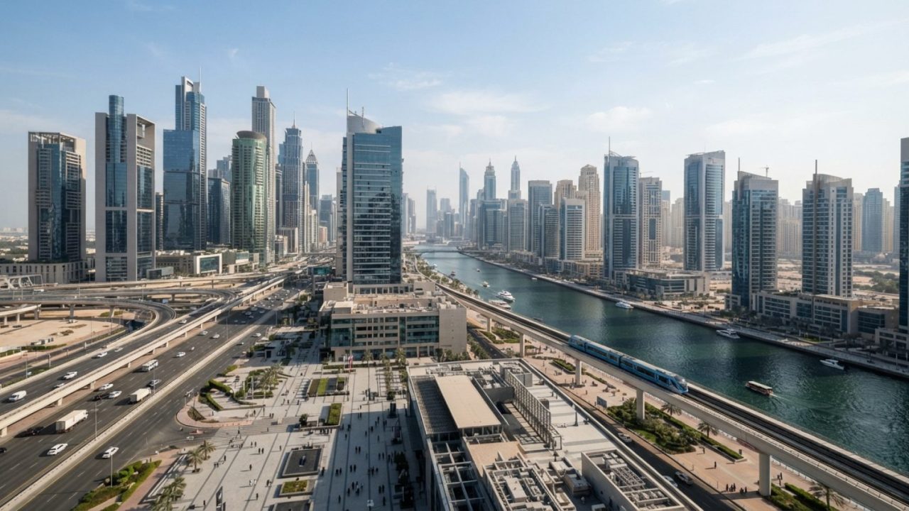 Illustration: An aerial wide-angle shot of the Dubai International Financial Centre and Business Bay financial district, showing modern glass office t