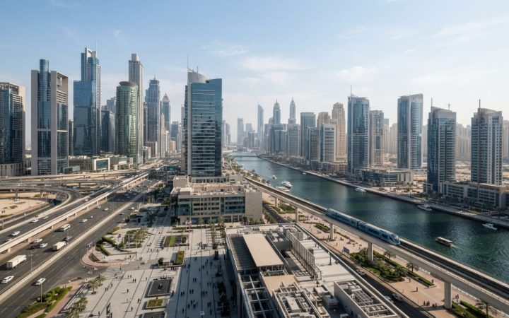 Illustration: An aerial wide-angle shot of the Dubai International Financial Centre and Business Bay financial district, showing modern glass office t