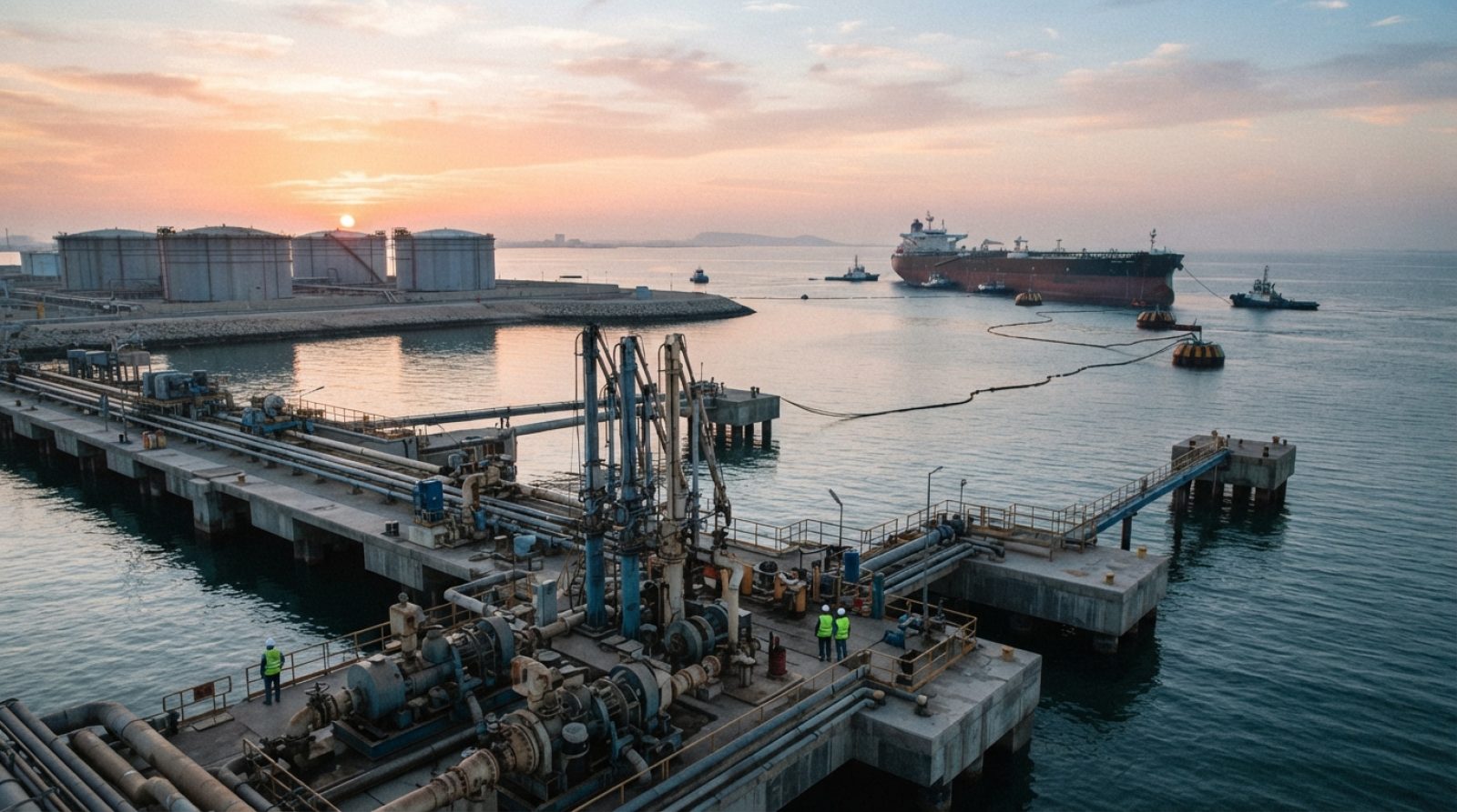 Illustration: Editorial news photo of an offshore oil export terminal and oil storage tanks in the Persian Gulf under dramatic morning light, with ind