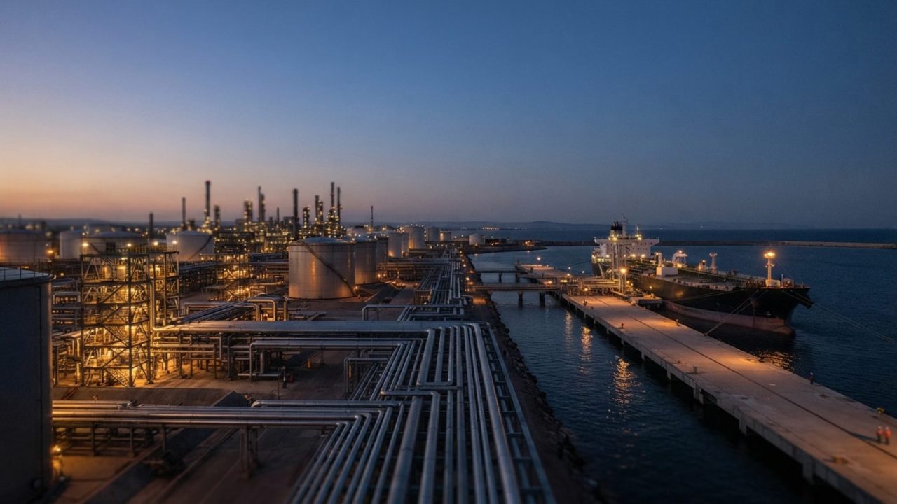 Illustration: A modern coastal oil terminal and refinery complex at dusk, featuring illuminated metal pipelines, large industrial storage tanks, and a