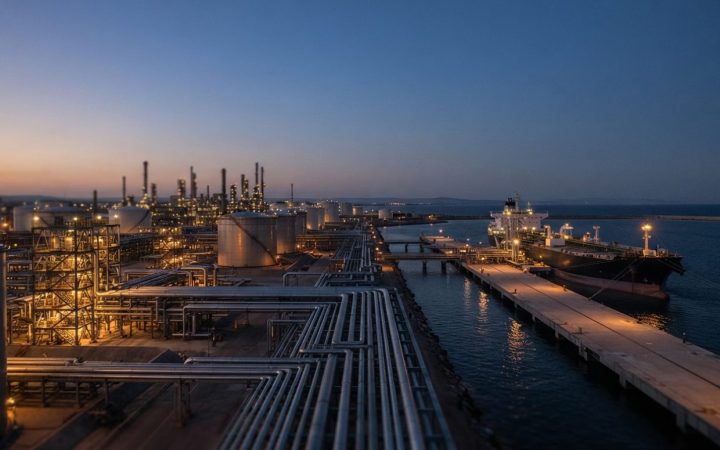 Illustration: A modern coastal oil terminal and refinery complex at dusk, featuring illuminated metal pipelines, large industrial storage tanks, and a