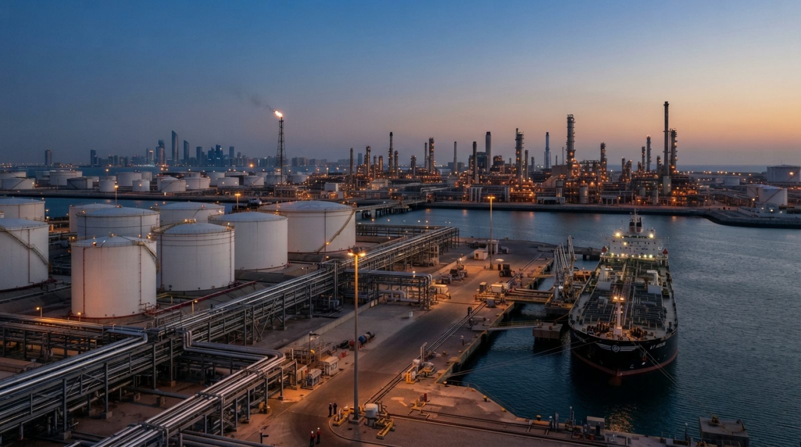 Illustration: An industrial crude oil terminal and refinery complex with large storage tanks, pipe infrastructure, and an oil tanker berthed at a port