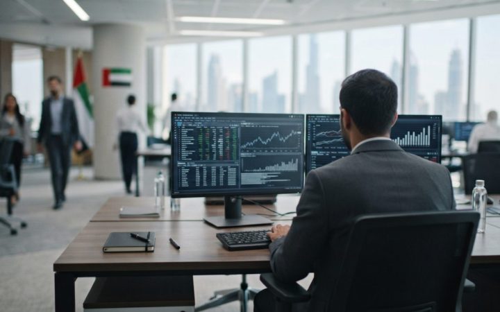 Illustration: A modern corporate office workstation featuring dual computer monitors displaying financial enterprise software and digital invoice reco